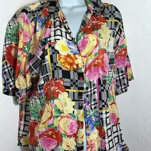 Jane Ashley Multicolor Floral Silk Blouse Vintage Size Small